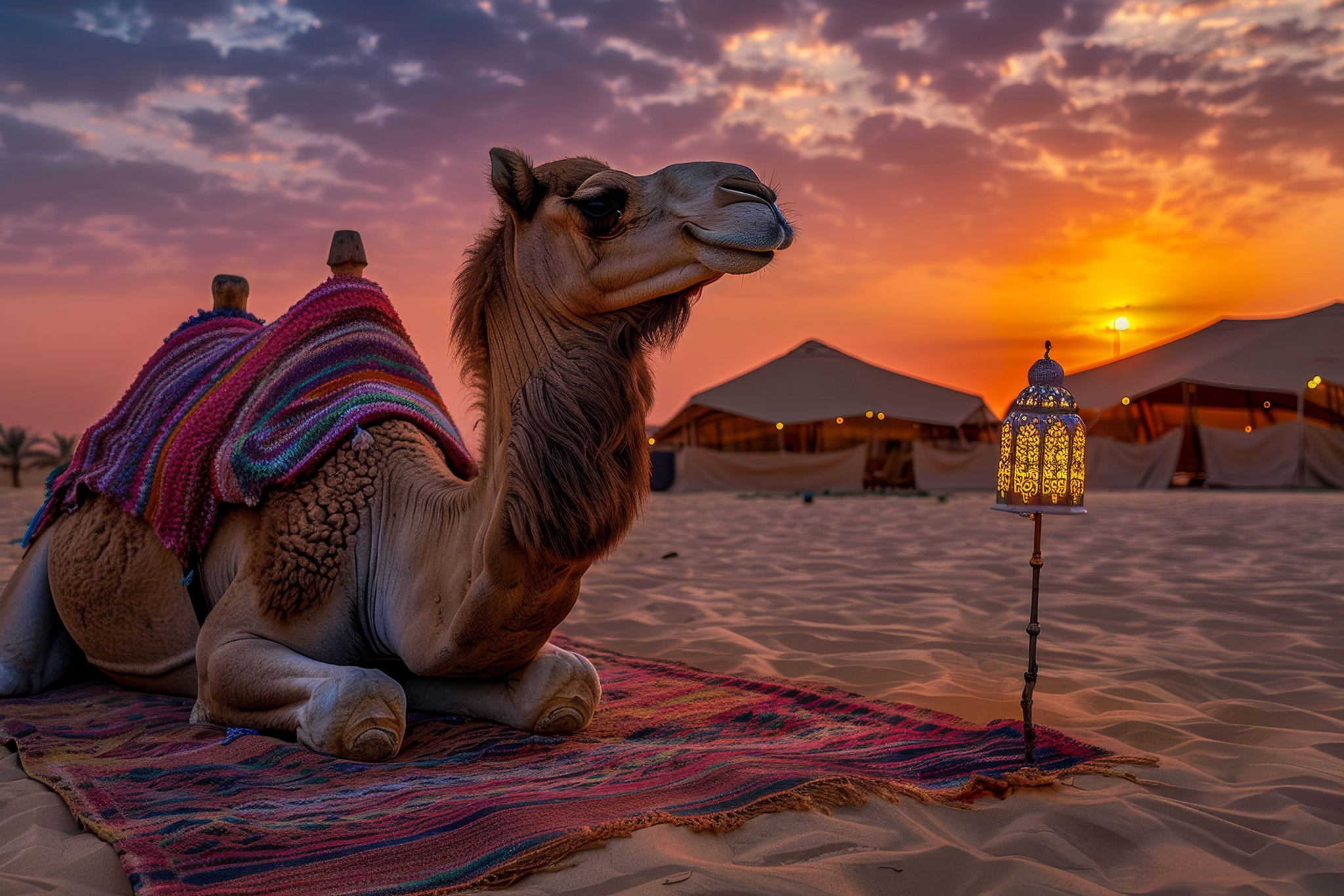 Night picture of a Camel in a Dubai desert camp