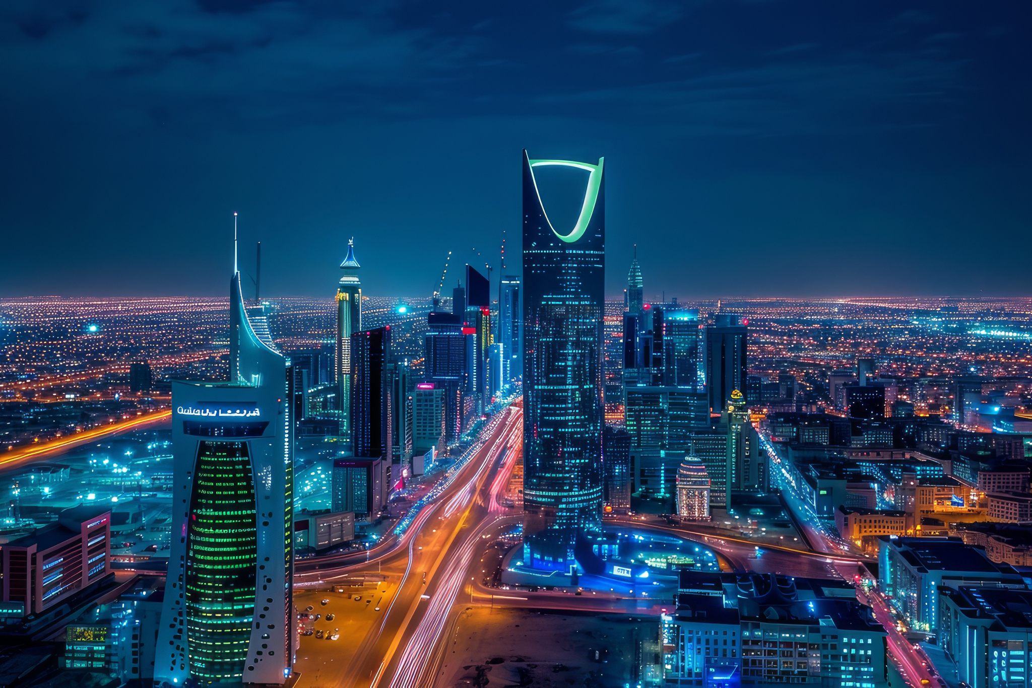 During the blue hour, the KAFD buildings in Riyadh, Saudi Arabia