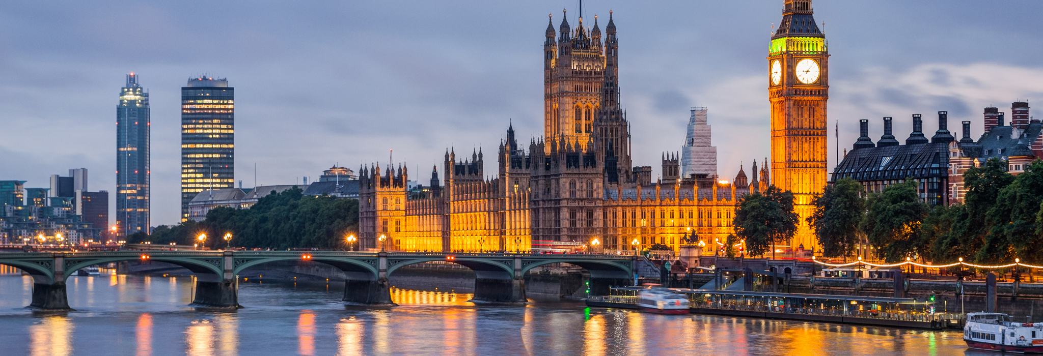 Big Ben and Westminster Bridge at dusk, London, UK