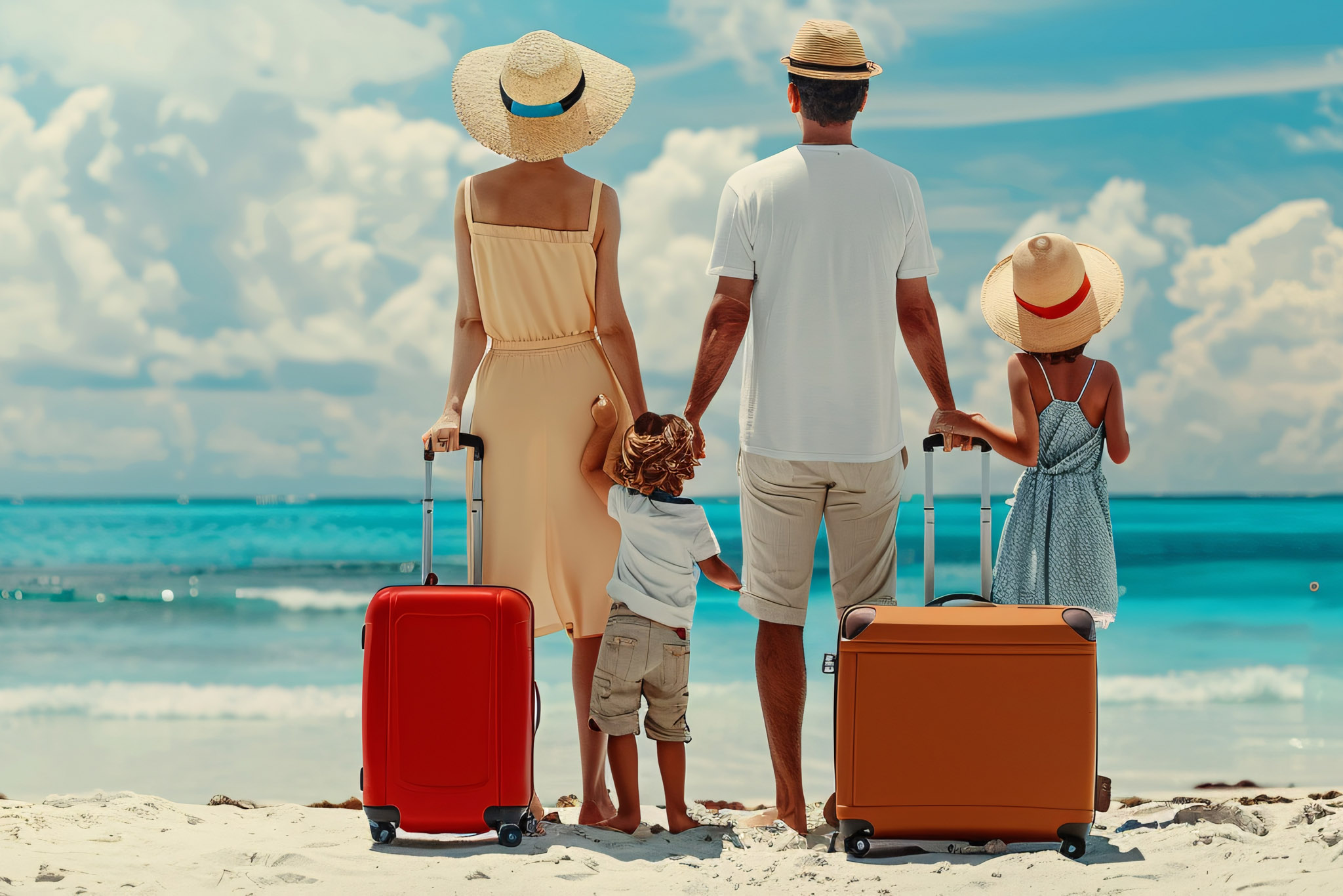 Family is starting their vacation, enjoying the beautiful ocean view on a sunny, tropical beach