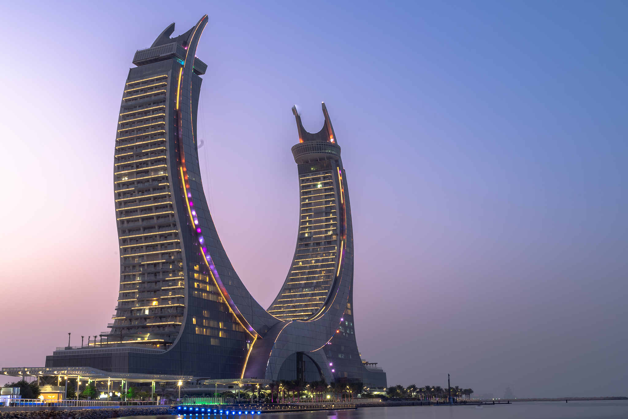 Lusail, Qatar- June 06, 2022: The crescent tower in the newly developing city lusail in Qatar.