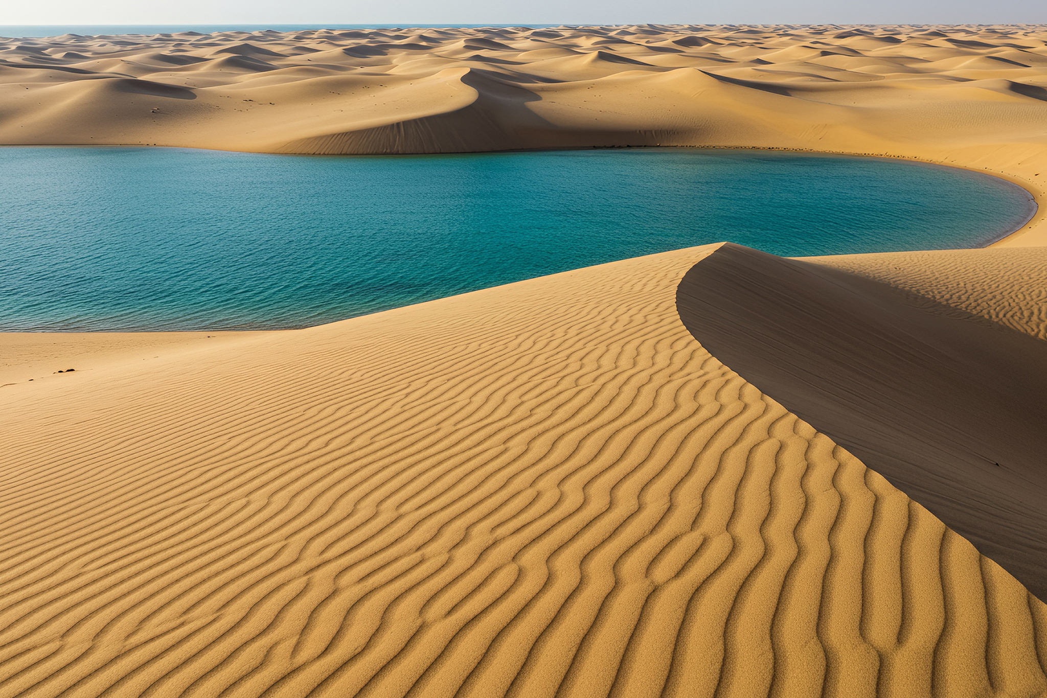 Golden sands stretch endlessly towards the horizon, cradling a tranquil oasis. The shimmering water contrasts with the rippled earth, embodying the desert's hidden treasures at sunset.