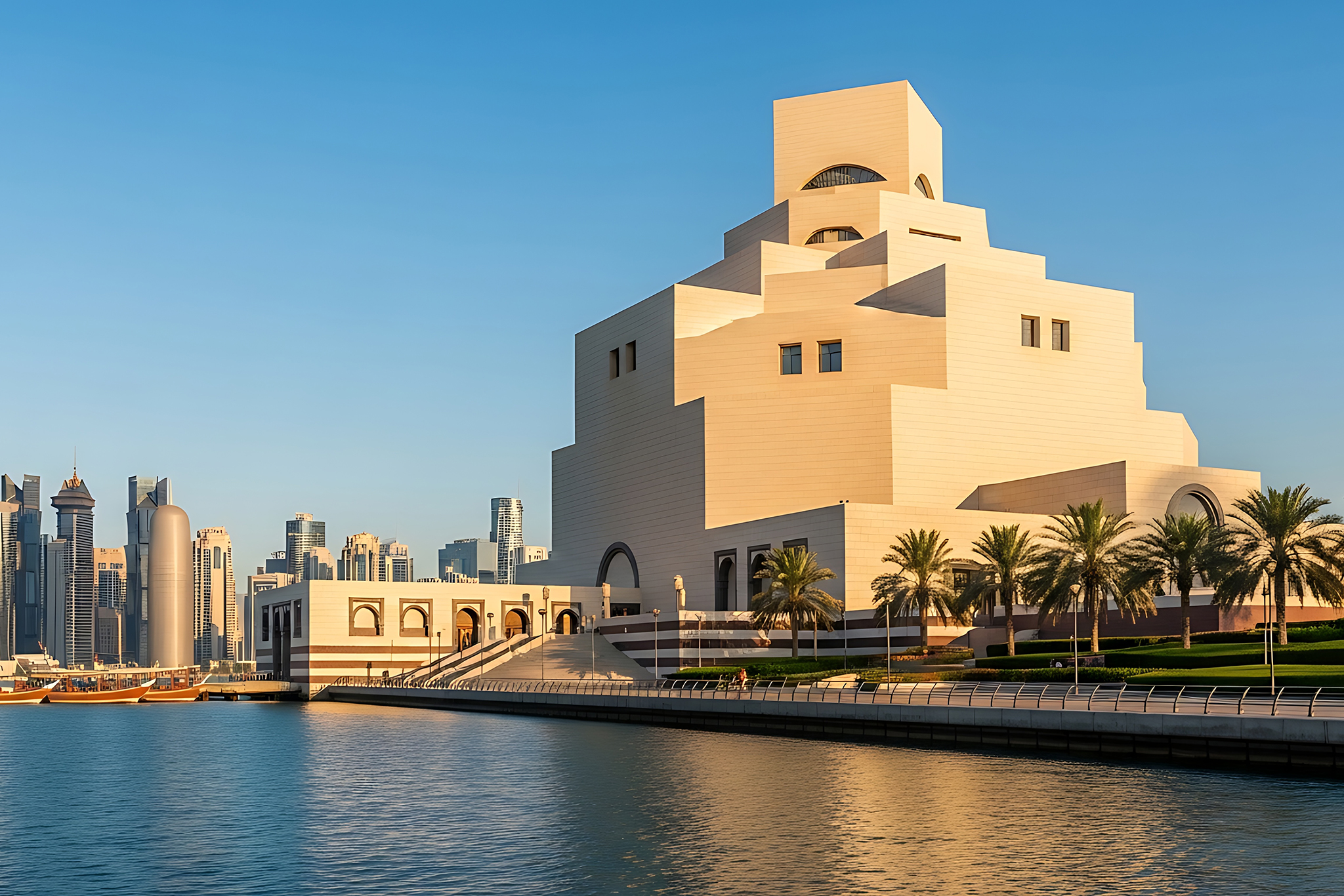 A beautiful view of the Museum of Islamic Art in Doha, Qatar, showcasing its modern architecture and the surrounding cityscape. The museum is situated by the water, with palm trees and lush greenery.