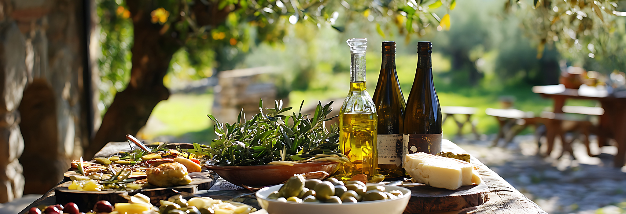 A rustic wooden table laden with olives, cheese, and wine under the shade of an olive tree.  A perfect Mediterranean feast.
