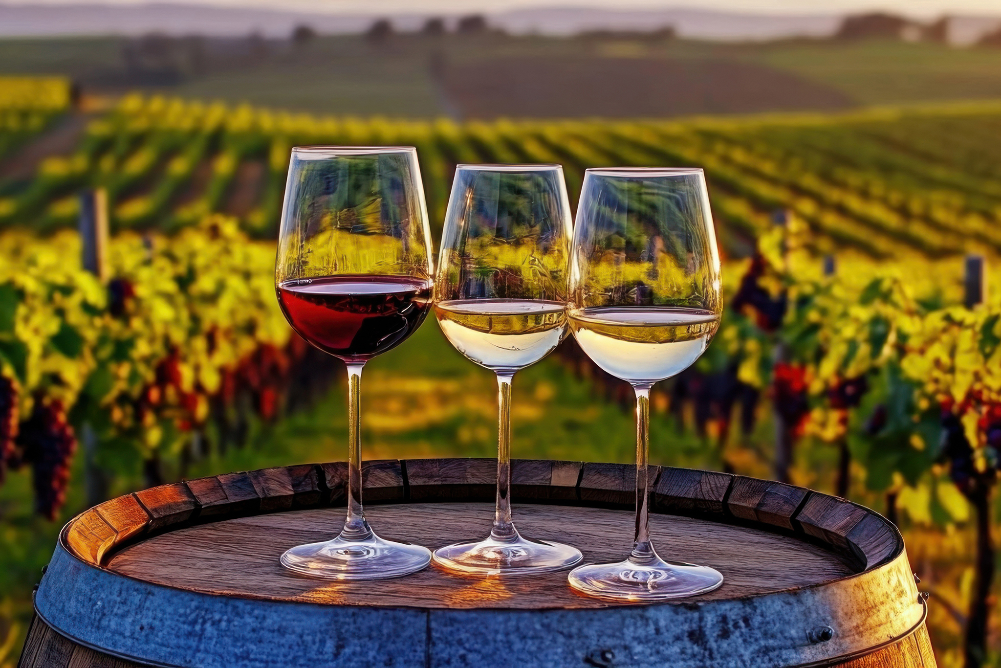 Stunning image of three wine glasses filled with red, white, and rosé wine, sitting on an old wooden barrel in a picturesque vineyard at sunset The image evokes a sense of tranquility, relaxation, and the enjoyment of fine wine Perfect for wine labels, wine tourism websites, or any project related to winemaking and the wine industry