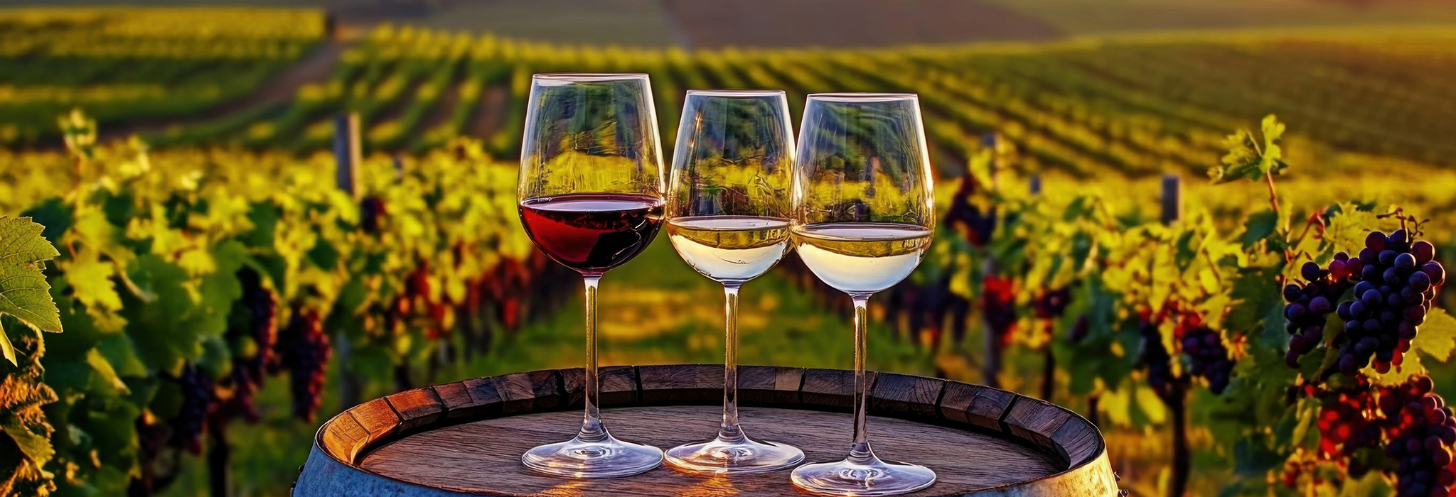 Stunning image of three wine glasses filled with red, white, and rosé wine, sitting on an old wooden barrel in a picturesque vineyard at sunset The image evokes a sense of tranquility, relaxation, and the enjoyment of fine wine Perfect for wine labels, wine tourism websites, or any project related to winemaking and the wine industry
