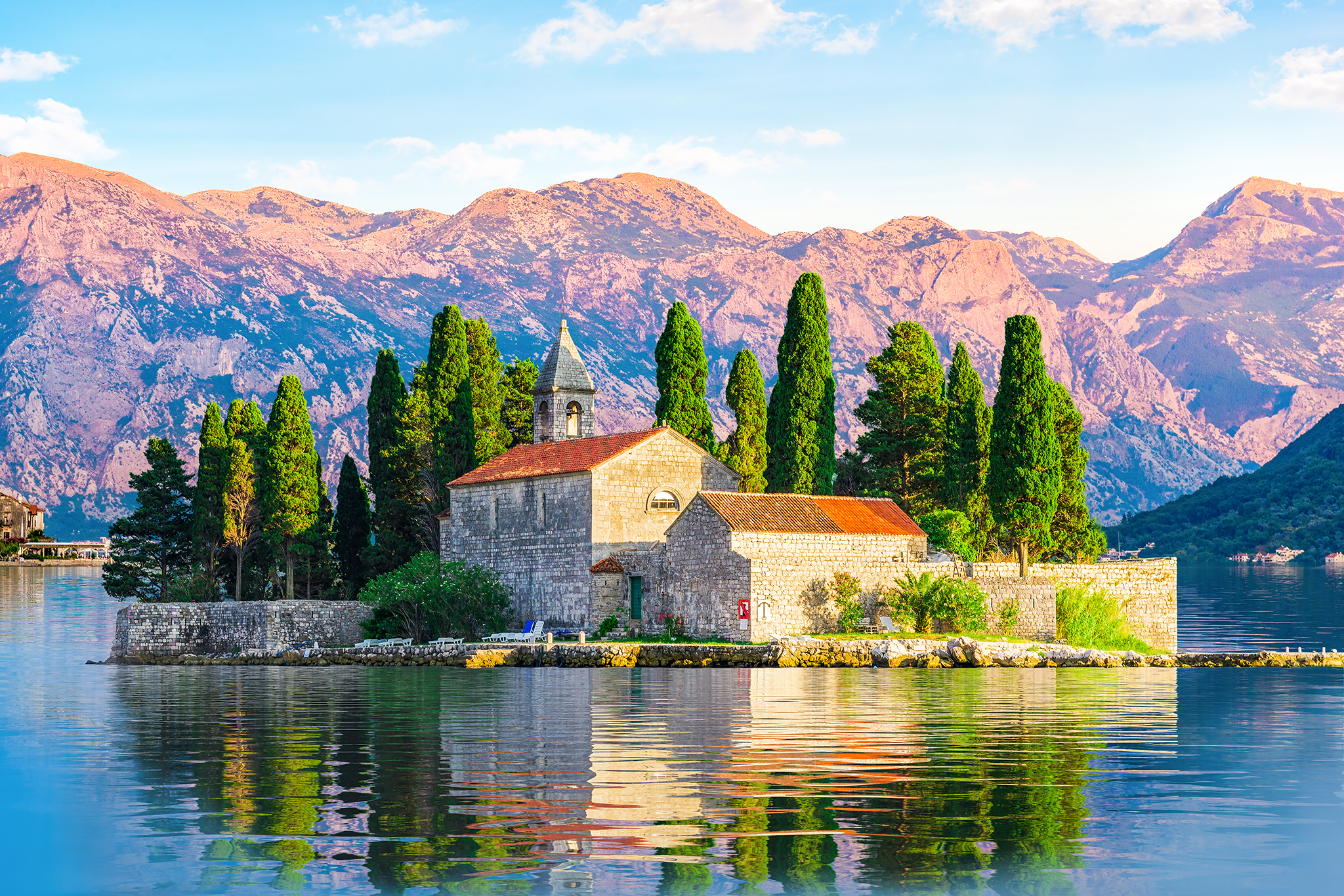 Island of Saint George among the mountains of Perast, Montenegro